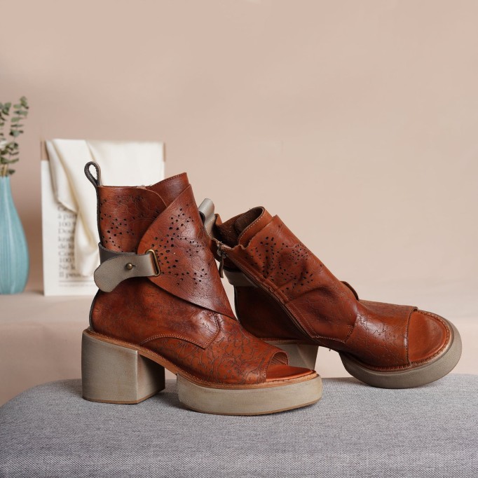 2021 Designer Summer Shoes Genuine Leather Platform Sandals Side Zip Retro Summer Shoes Open Toe Brown