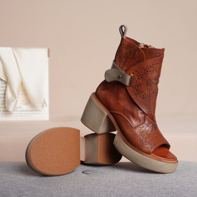 2021 Designer Summer Shoes Genuine Leather Platform Sandals Side Zip Retro Summer Shoes Open Toe Brown