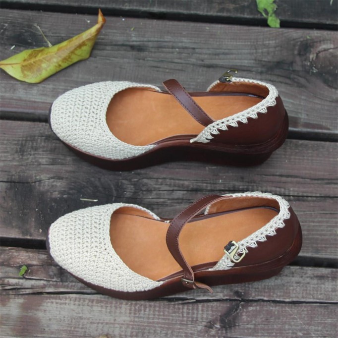 Womens Handmade Retro Leather Knitting Platforms Leather Sandals White/Coffee