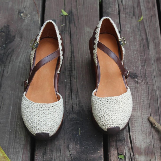 Womens Handmade Retro Leather Knitting Platforms Leather Sandals White/Coffee