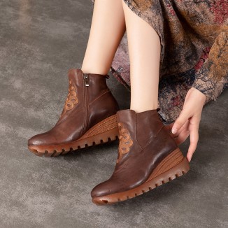 Retro Boots For Women Leather Platform Boots Coffee