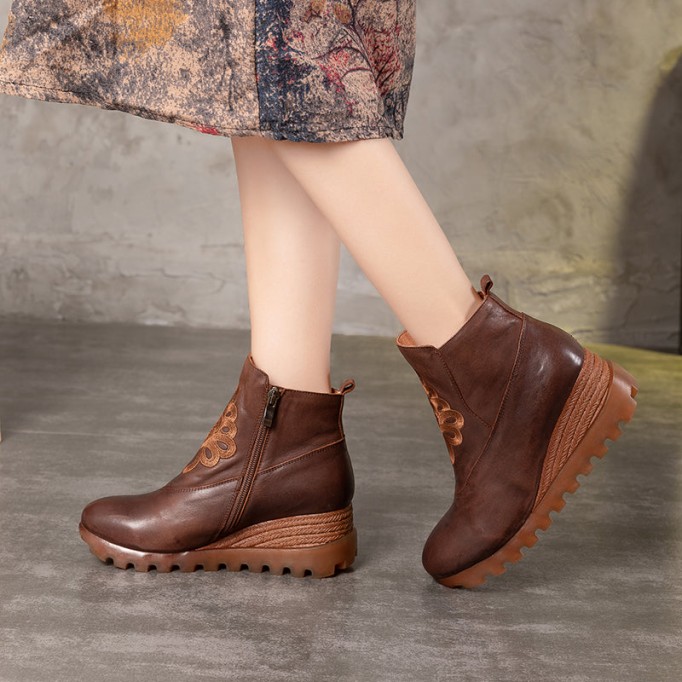 Retro Boots For Women Leather Platform Boots Coffee