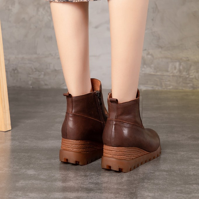 Retro Boots For Women Leather Platform Boots Coffee