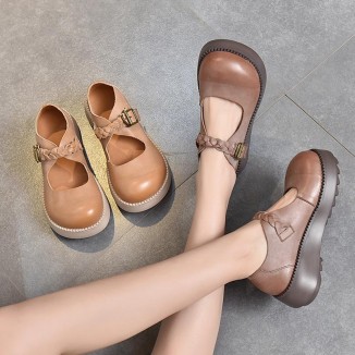 Handcrafted Platform Mary Jane Shoes Genuine Leather Chunky Buckle Shoes Apricot/Coffee