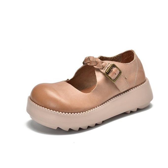 Handcrafted Platform Mary Jane Shoes Genuine Leather Chunky Buckle Shoes Apricot/Coffee