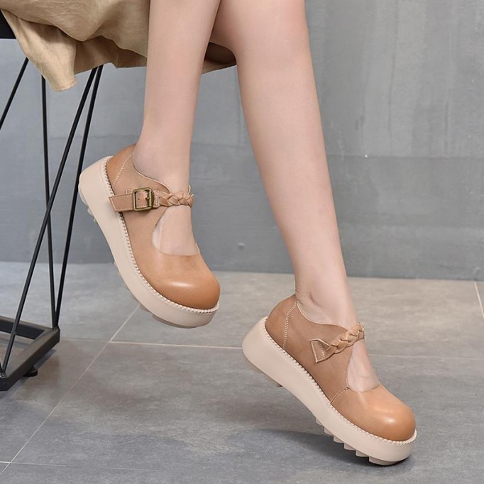 Handcrafted Platform Mary Jane Shoes Genuine Leather Chunky Buckle Shoes Apricot/Coffee