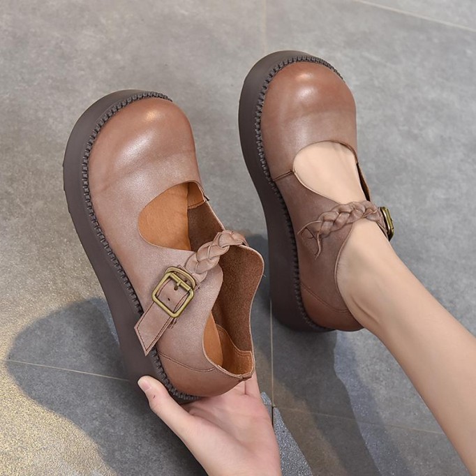 Handcrafted Platform Mary Jane Shoes Genuine Leather Chunky Buckle Shoes Apricot/Coffee