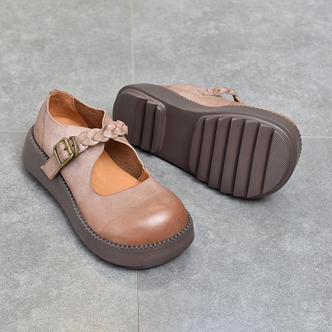 Handcrafted Platform Mary Jane Shoes Genuine Leather Chunky Buckle Shoes Apricot/Coffee