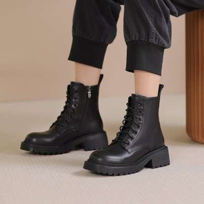 Winter Boots Handmade Genuine Leather Lace-Up Combat Boots Retro Chunky Martin Platform Black