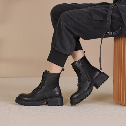 Winter Boots Handmade Genuine Leather Lace-Up Combat Boots Retro Chunky Martin Platform Black