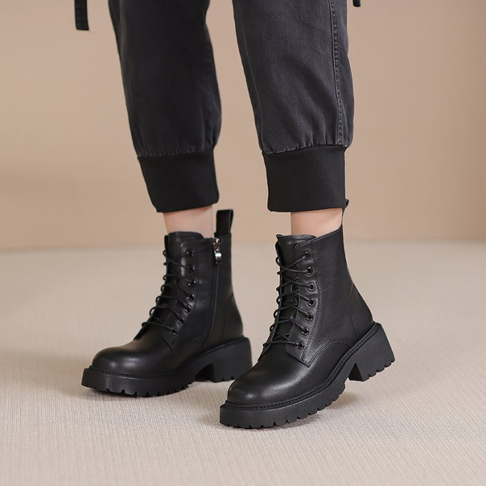 Winter Boots Handmade Genuine Leather Lace-Up Combat Boots Retro Chunky Martin Platform Black