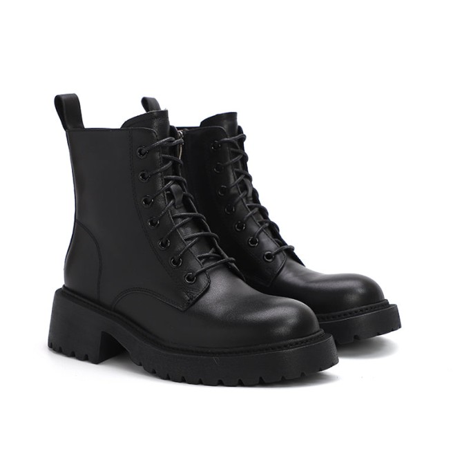 Winter Boots Handmade Genuine Leather Lace-Up Combat Boots Retro Chunky Martin Platform Black