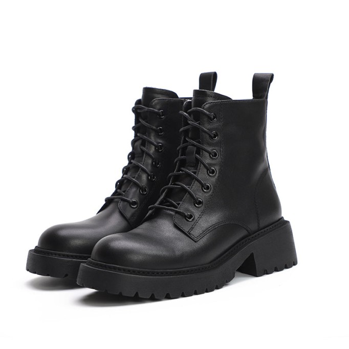 Winter Boots Handmade Genuine Leather Lace-Up Combat Boots Retro Chunky Martin Platform Black
