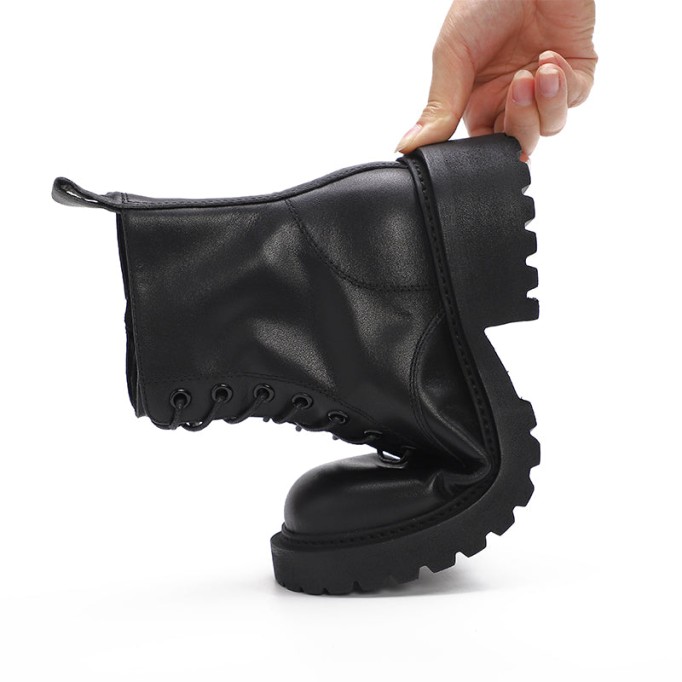 Winter Boots Handmade Genuine Leather Lace-Up Combat Boots Retro Chunky Martin Platform Black