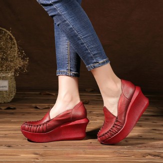 Women Handmade Leather Loafers,Retro Slip Ons Red Platforms