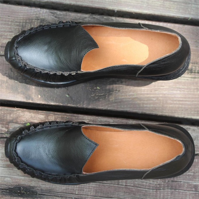 Women Handmade Leather Loafers,Retro Slip Ons Red Platforms