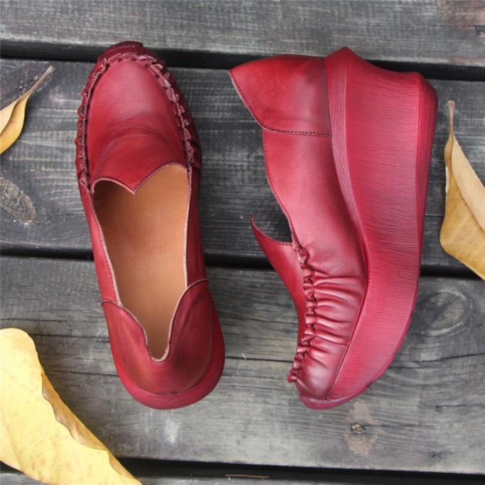 Women Handmade Leather Loafers,Retro Slip Ons Red Platforms