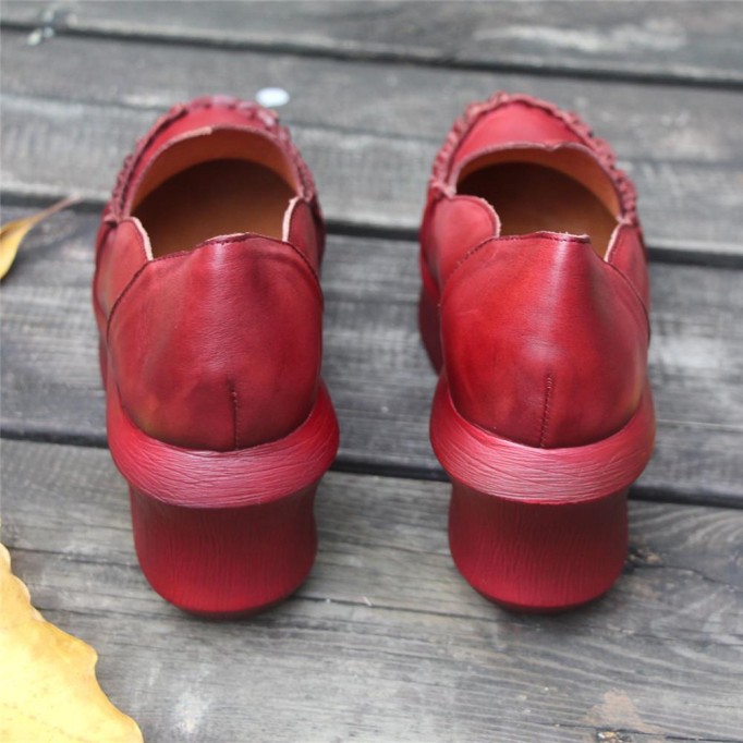 Women Handmade Leather Loafers,Retro Slip Ons Red Platforms