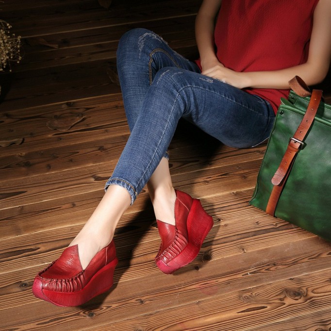 Women Handmade Leather Loafers,Retro Slip Ons Red Platforms
