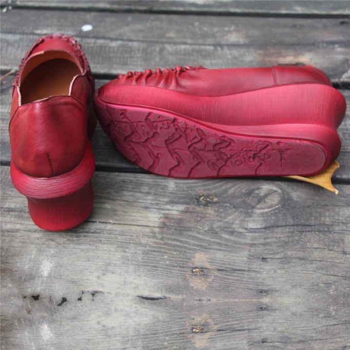 Women Handmade Leather Loafers,Retro Slip Ons Red Platforms