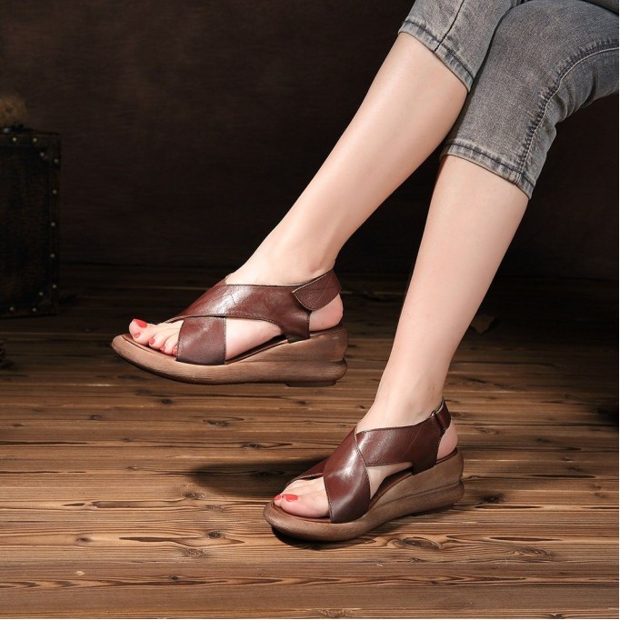 Wedge Sandals Khaki/Coffee Leather Platforms X-Strap Sandals