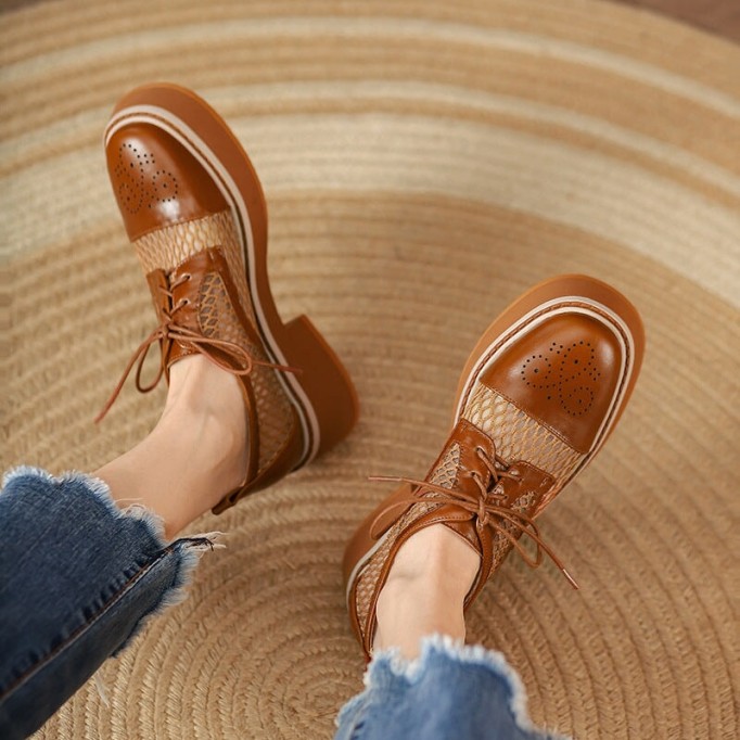 Women's Leather Platform Oxford Shoes for Summer Joining with Mesh in Brown/White