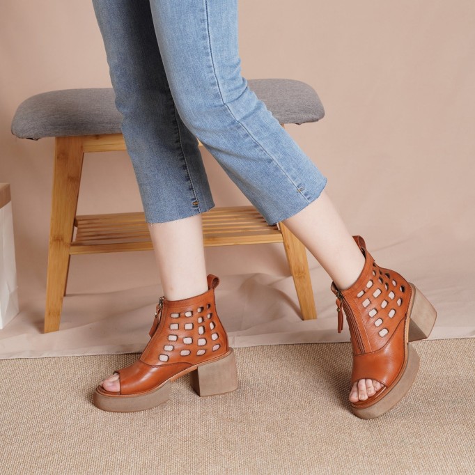 2021 Designer Summer Shoes Genuine Leather Platform Sandals Upper Zip Retro Summer Shoes Open Toe Brown