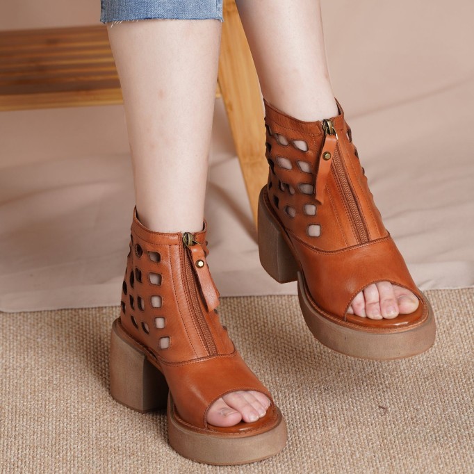 2021 Designer Summer Shoes Genuine Leather Platform Sandals Upper Zip Retro Summer Shoes Open Toe Brown