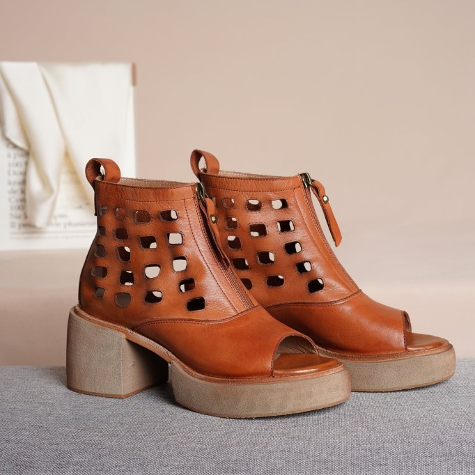 2021 Designer Summer Shoes Genuine Leather Platform Sandals Upper Zip Retro Summer Shoes Open Toe Brown