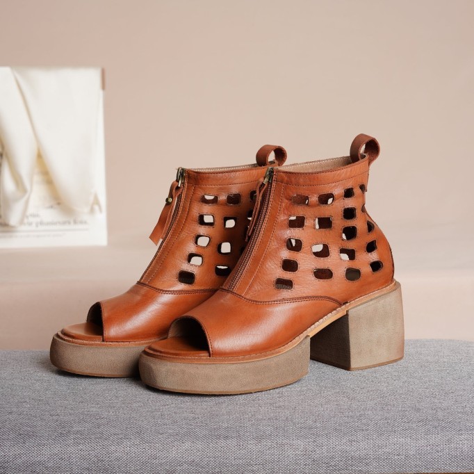 2021 Designer Summer Shoes Genuine Leather Platform Sandals Upper Zip Retro Summer Shoes Open Toe Brown