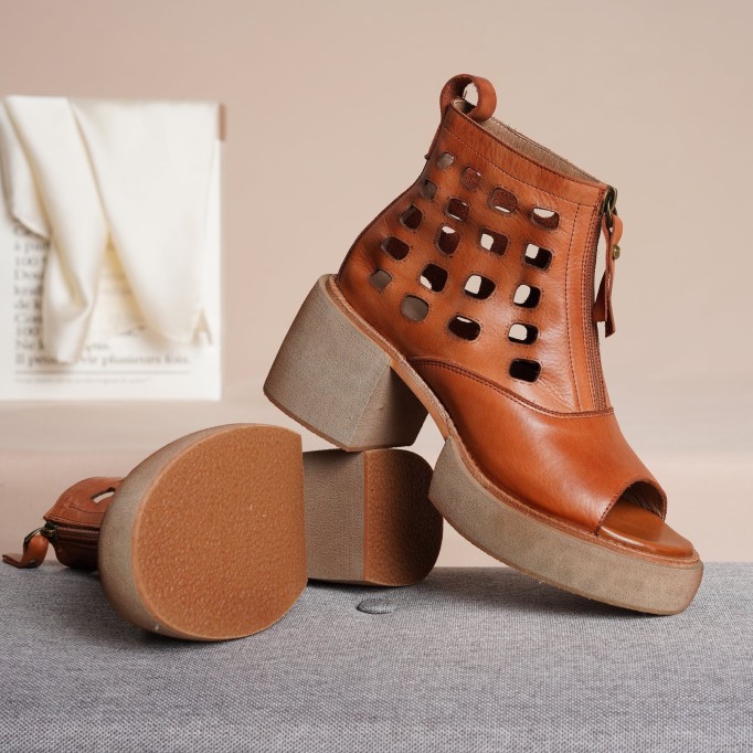 2021 Designer Summer Shoes Genuine Leather Platform Sandals Upper Zip Retro Summer Shoes Open Toe Brown
