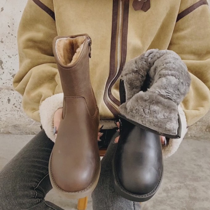 Western Cowboy Boots Handmade Leather Side Zip Snow Boots in Black/Coffee/Brown