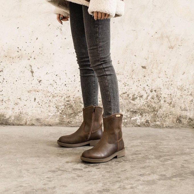 Western Cowboy Boots Handmade Leather Side Zip Snow Boots in Black/Coffee/Brown