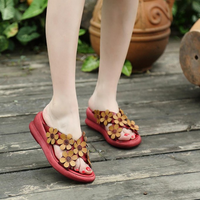 Handmade Retro Leather Flowers Slippers Open Toe Platform Sandals Coffee/Red