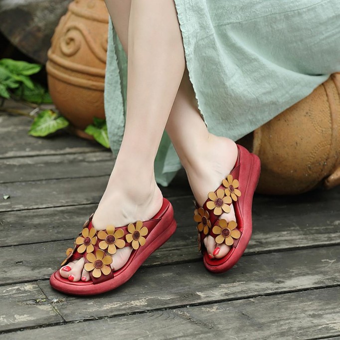 Handmade Retro Leather Flowers Slippers Open Toe Platform Sandals Coffee/Red
