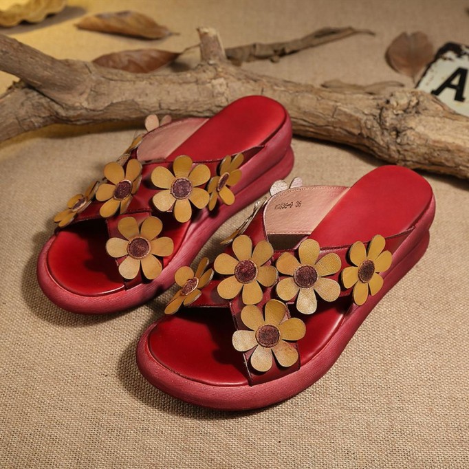 Handmade Retro Leather Flowers Slippers Open Toe Platform Sandals Coffee/Red