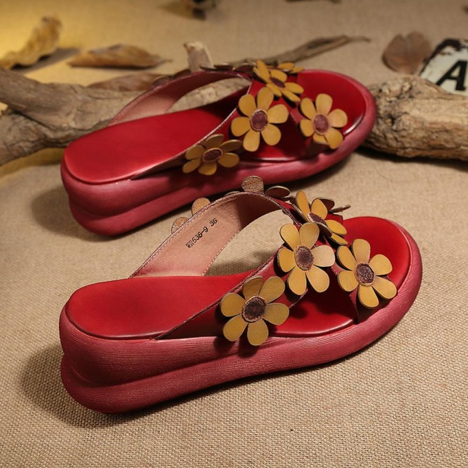 Handmade Retro Leather Flowers Slippers Open Toe Platform Sandals Coffee/Red