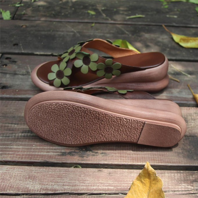Handmade Retro Leather Flowers Slippers Open Toe Platform Sandals Coffee/Red
