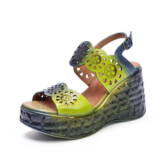 Handmade Strappy Leather Retro Peep Toe Wedges Sandals Grey/Green