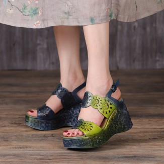 Handmade Strappy Leather Retro Peep Toe Wedges Sandals Grey/Green