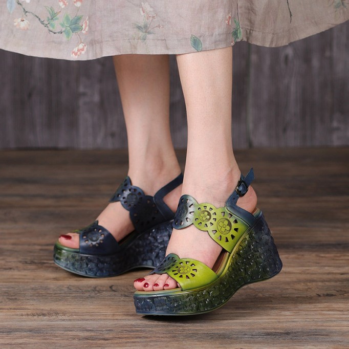 Handmade Strappy Leather Retro Peep Toe Wedges Sandals Grey/Green