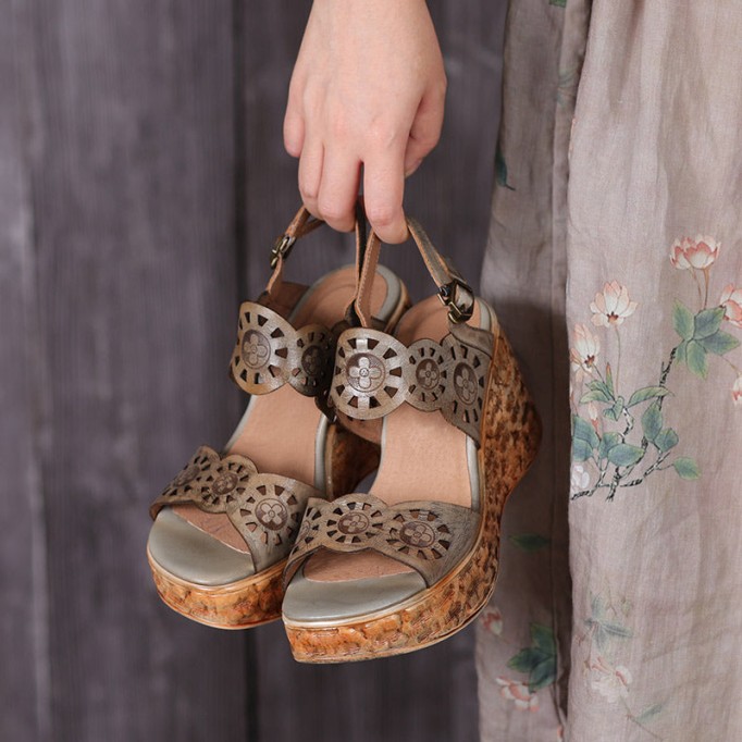 Handmade Strappy Leather Retro Peep Toe Wedges Sandals Grey/Green