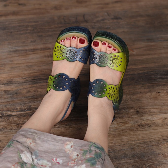 Handmade Strappy Leather Retro Peep Toe Wedges Sandals Grey/Green