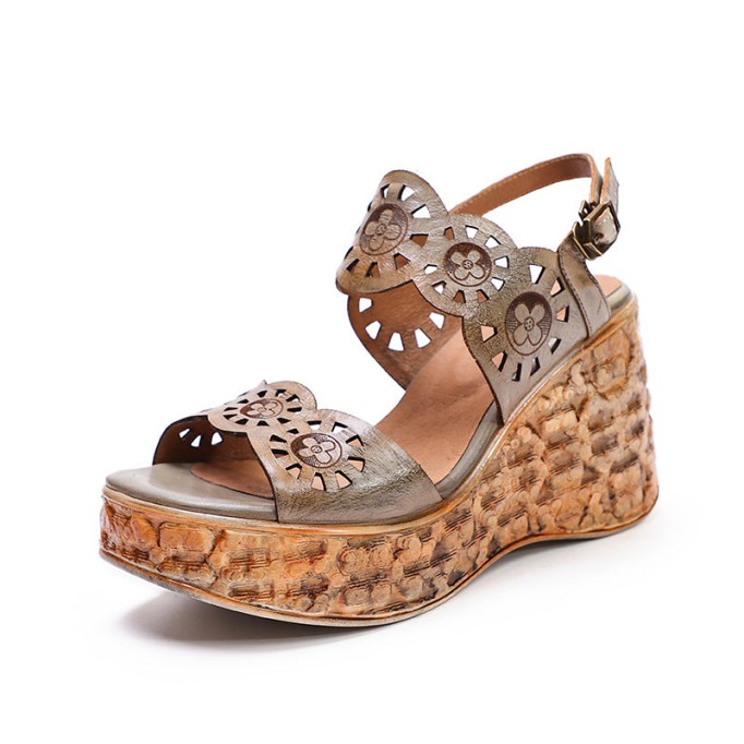 Handmade Strappy Leather Retro Peep Toe Wedges Sandals Grey/Green