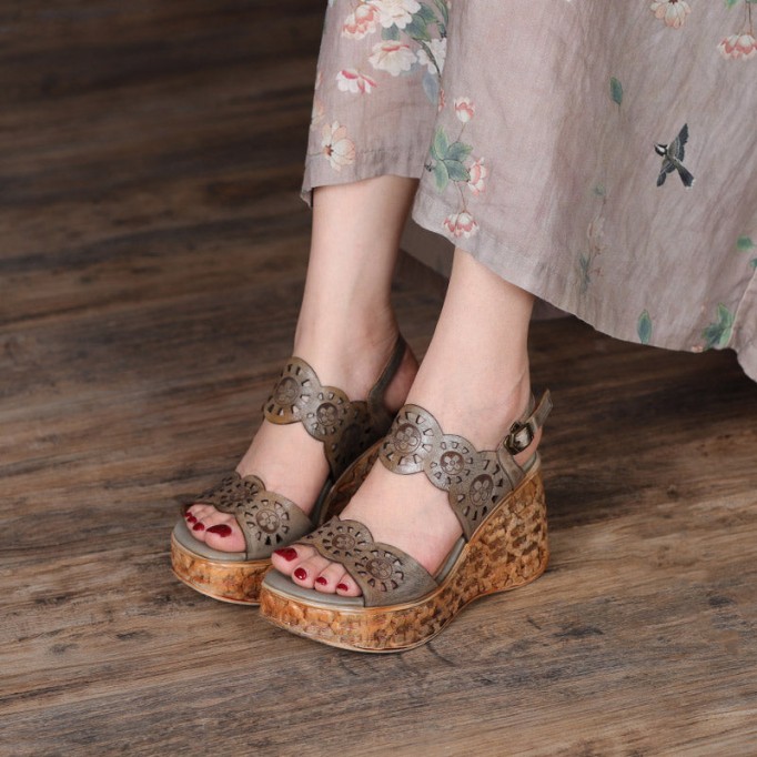 Handmade Strappy Leather Retro Peep Toe Wedges Sandals Grey/Green