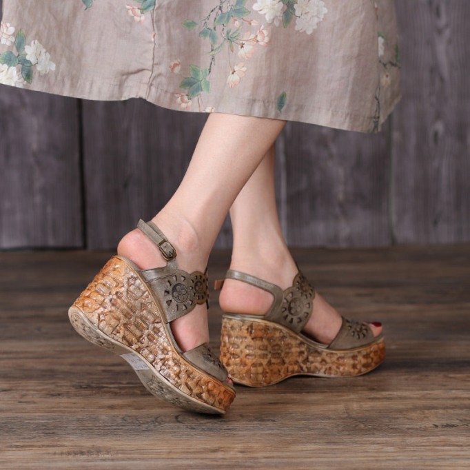 Handmade Strappy Leather Retro Peep Toe Wedges Sandals Grey/Green