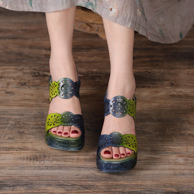 Handmade Strappy Leather Retro Peep Toe Wedges Sandals Grey/Green