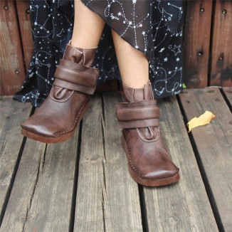 Women'S Handmade Retro Leather Ankle Boots Comfortable Walking Oxford Boots Square Toe Coffee