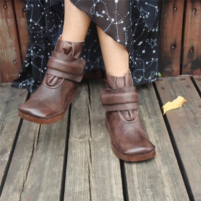Women'S Handmade Retro Leather Ankle Boots Comfortable Walking Oxford Boots Square Toe Coffee