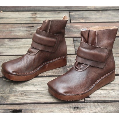 Women'S Handmade Retro Leather Ankle Boots Comfortable Walking Oxford Boots Square Toe Coffee